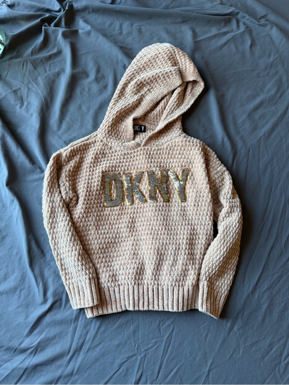 DKNY Beige Hooded Knit Sweater with Sequin Logo